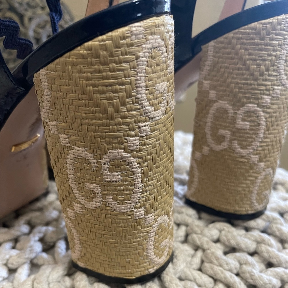 Gucci Natural/Royal Kertu Rafia  GG Platform Heels 41.5 - Picture 11 of 12